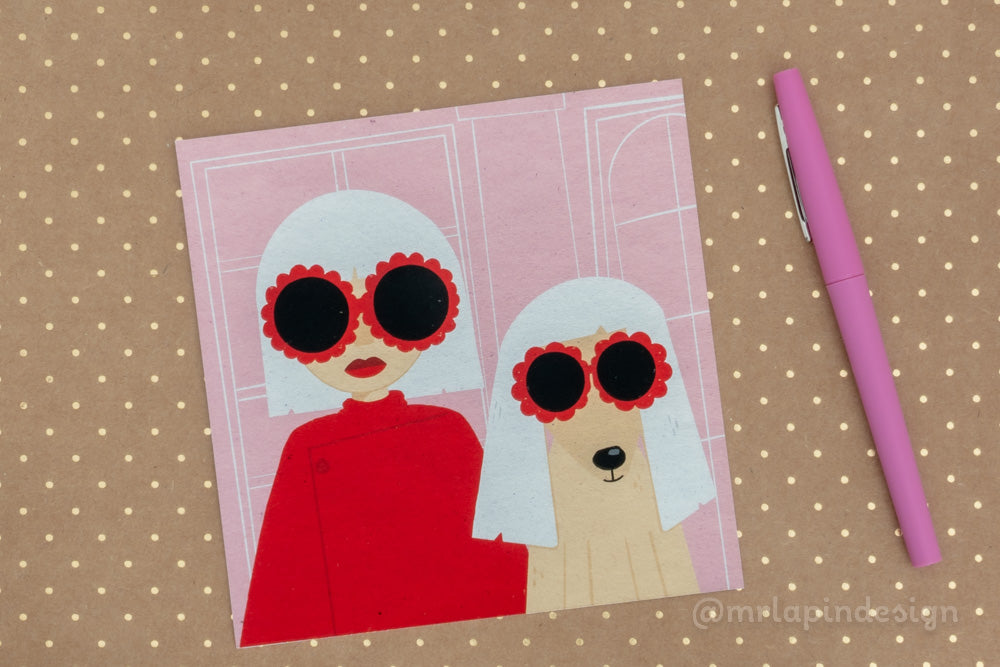 Card Woman with a dog wearing same glasses 